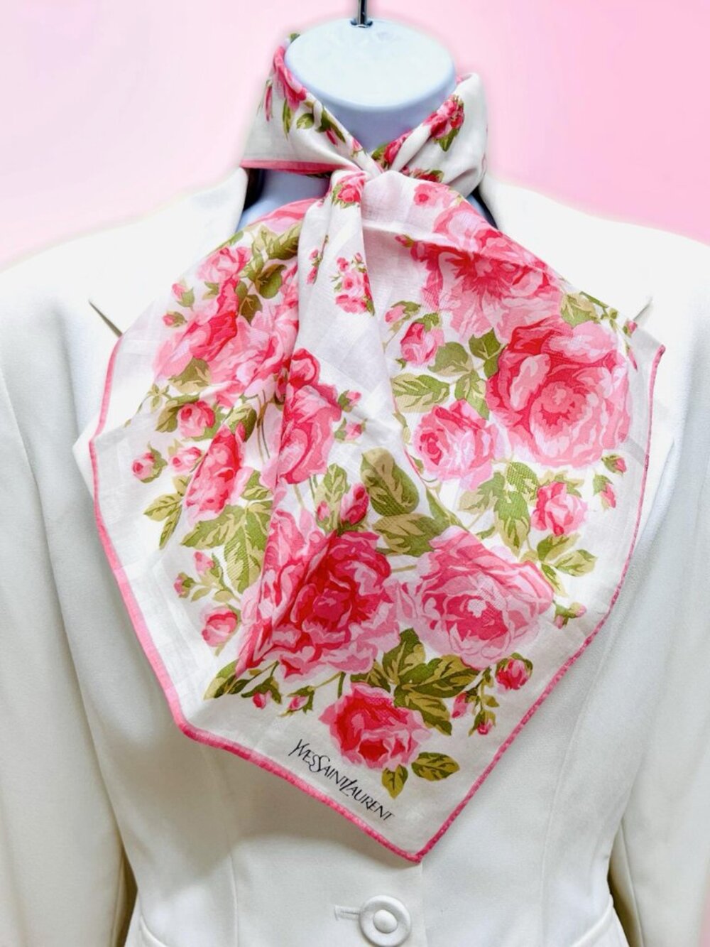 Yves Saint Laurent  Neck-Kerchief Cotton made 21.5"  Pink white  roses (78